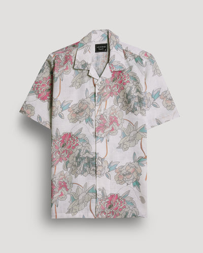 White floral printed linen shirt for men