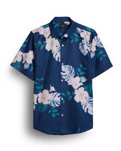BLUE WITH WHITE LEAVES HALF SLEEVE PRINTED SHIRT FOR MEN