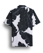 Black leaf printed camp collar shirt for men