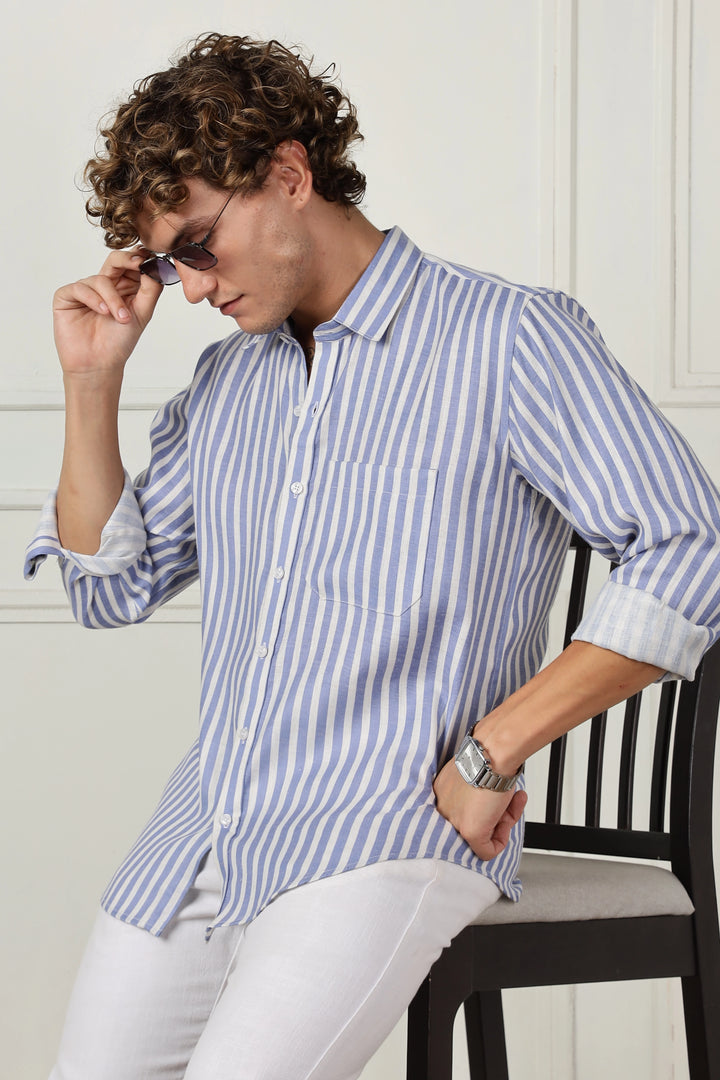 Blue  printed full sleeve linen shirt