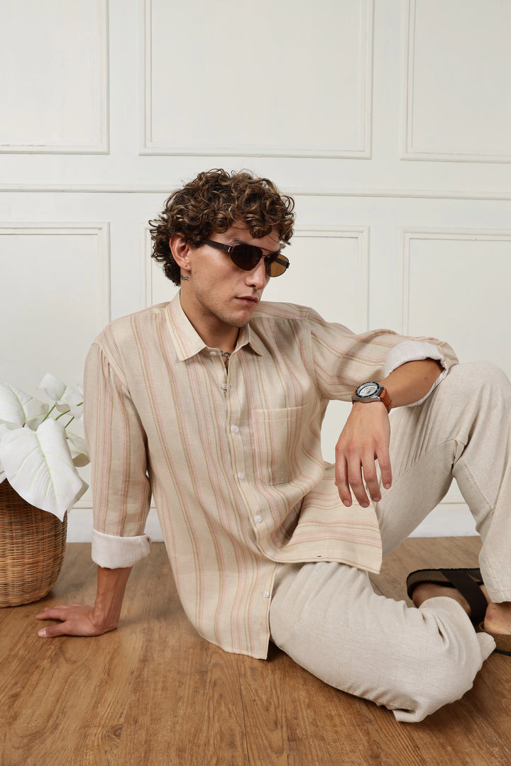 Beige printed full sleeve linen shirt