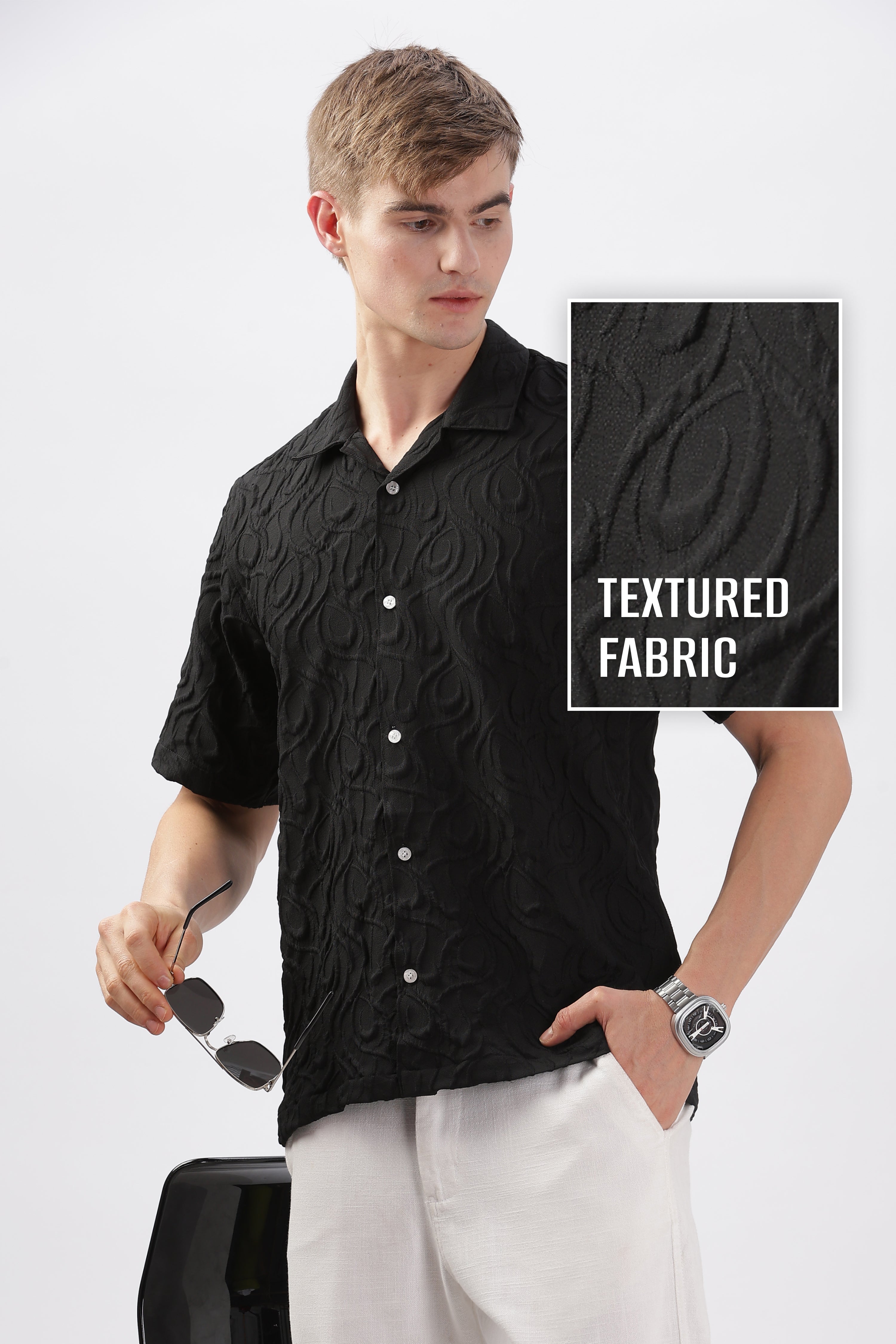 Buy Black jacquard embossed half sleeve shirt for men online in