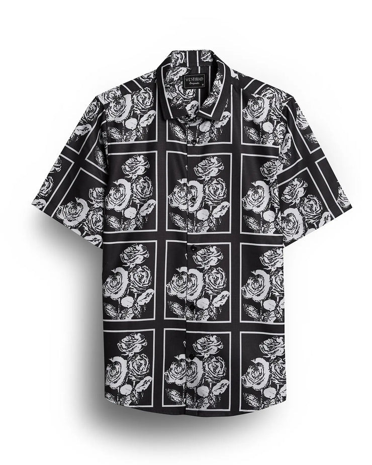 BLACK WITH WHITE ROSE HALF SLEEVES PRINTED SHIRT FOR MEN
