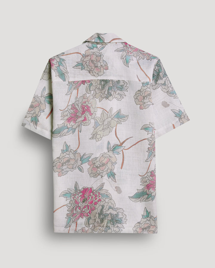 White floral printed linen shirt for men