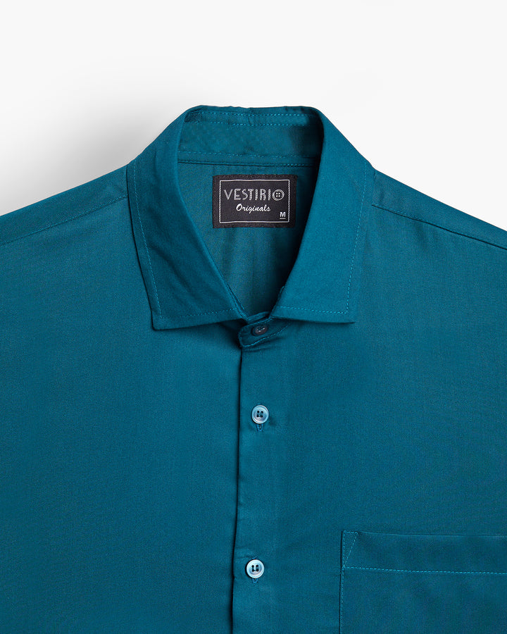 CLASSIC ORIENT BLUE FULL SLEEVE PLAIN SATIN SHIRT FOR MEN