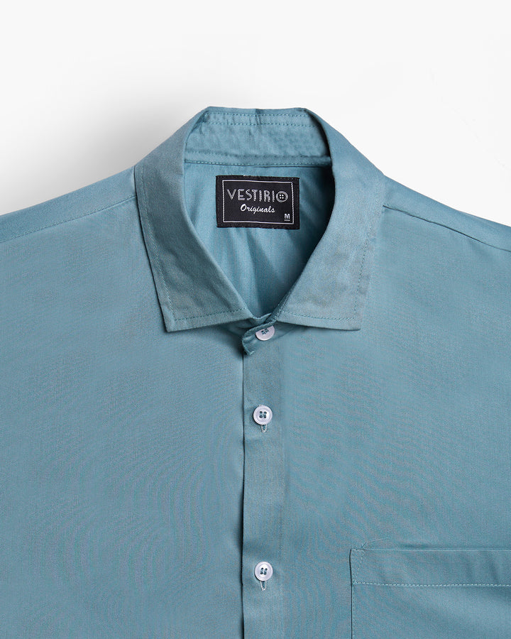 Classic Blue Bayoux Full Sleeve Plain Satin Shirt For Men