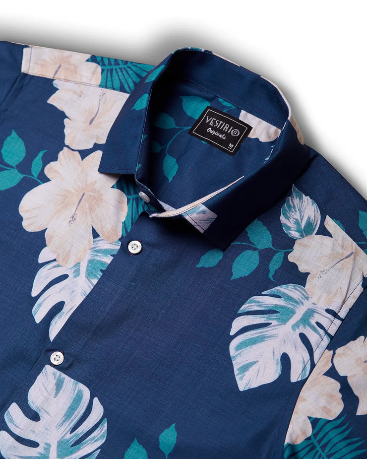 Blue with white leaves half sleeve printed shirt for men