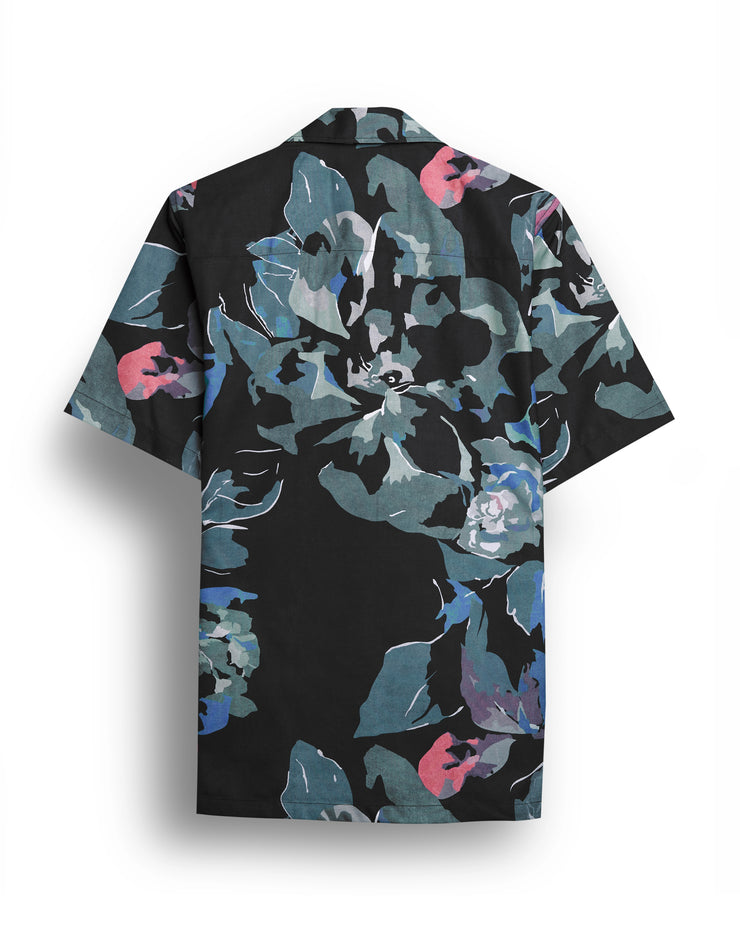 Black flower printed camp collar shirt for men