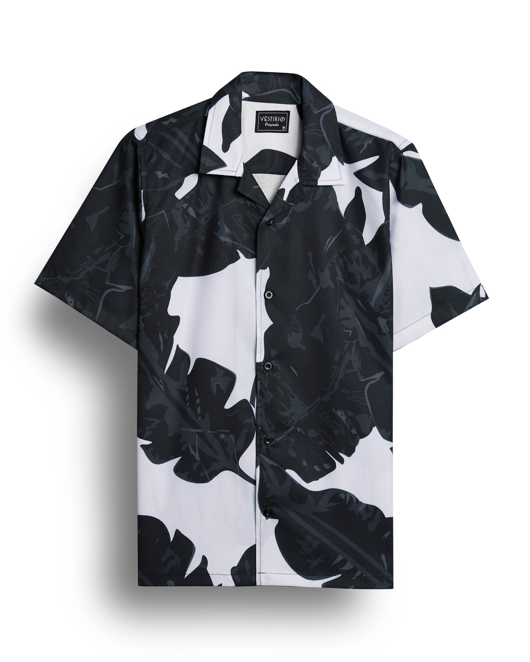 Black leaf printed camp collar shirt for men