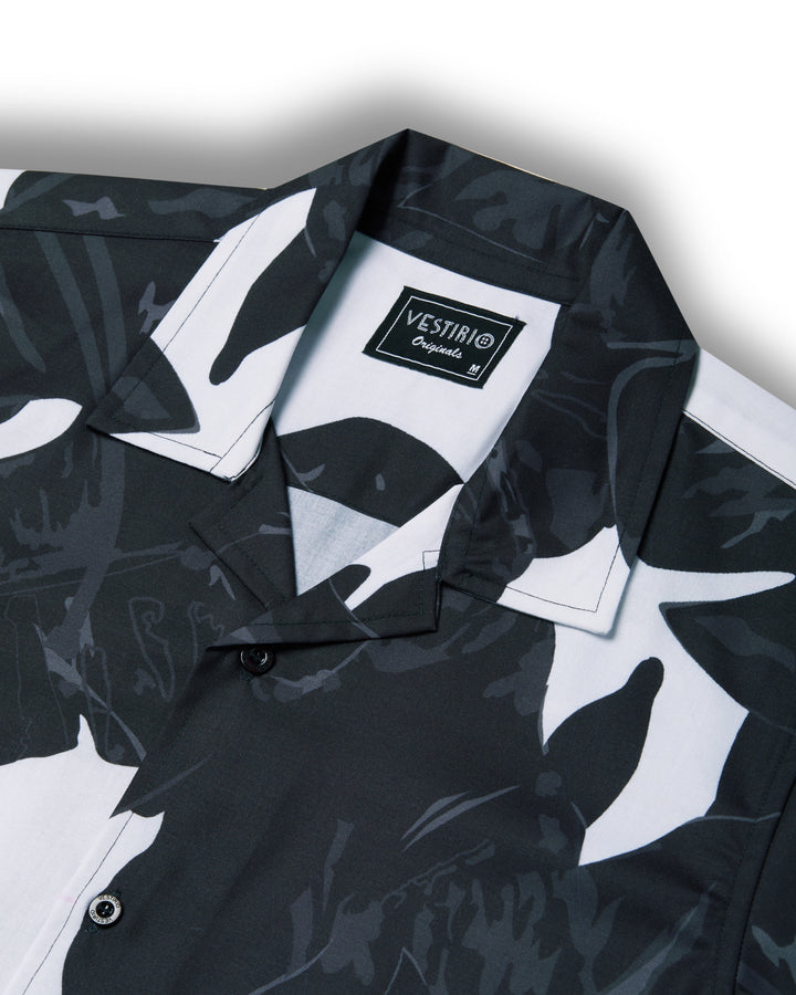 Black leaf printed camp collar shirt for men