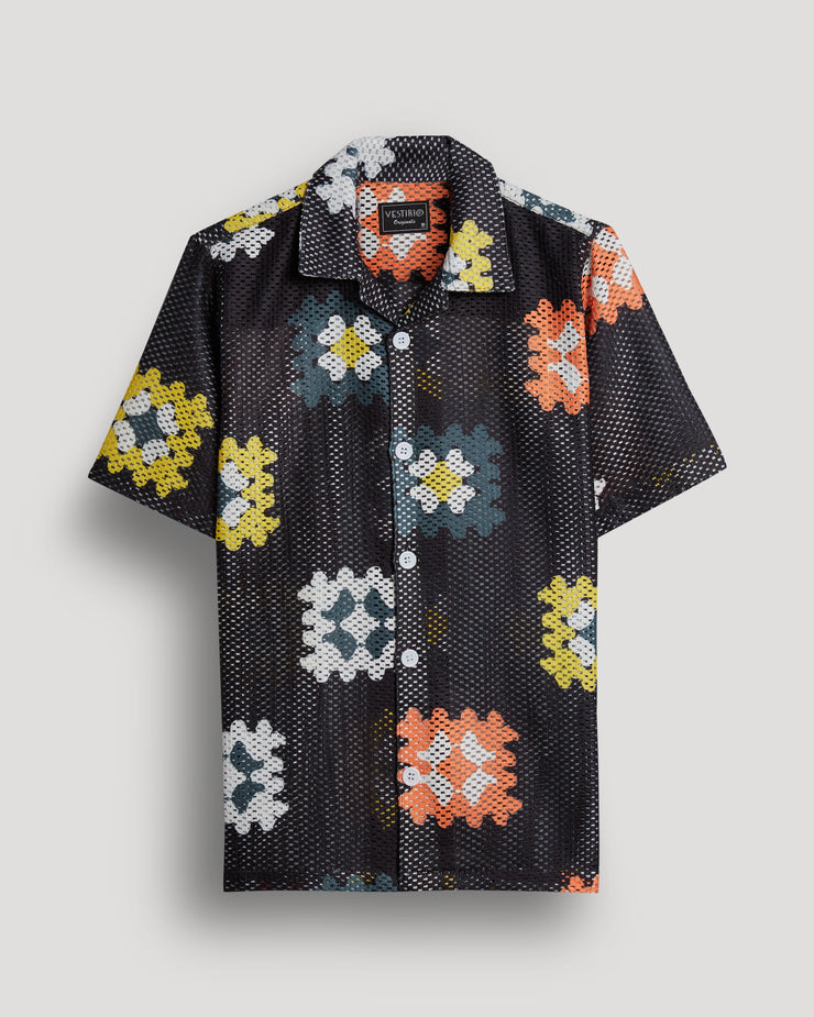 black crochet granny square printed shirt