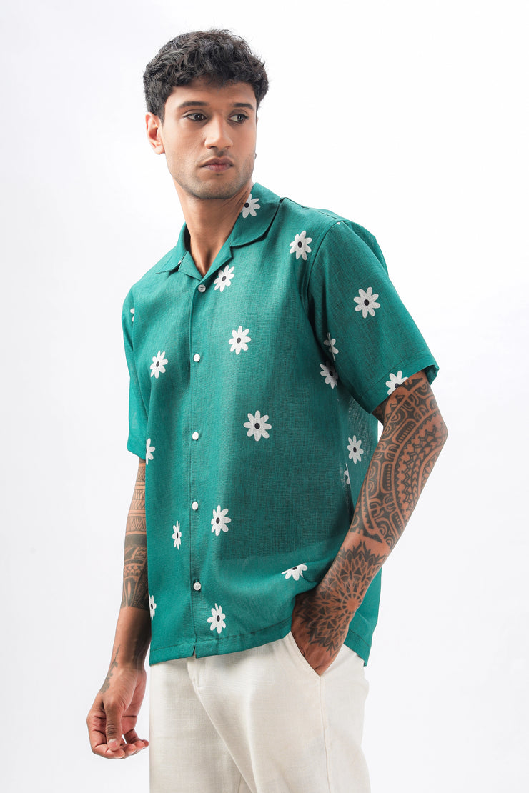 Green flower printed  linen shirt