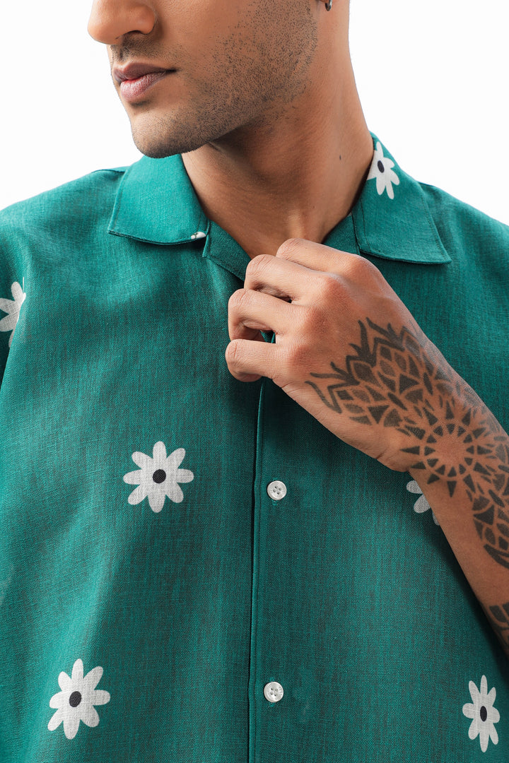 Green flower printed  linen shirt