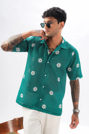 Green flower printed linen shirt