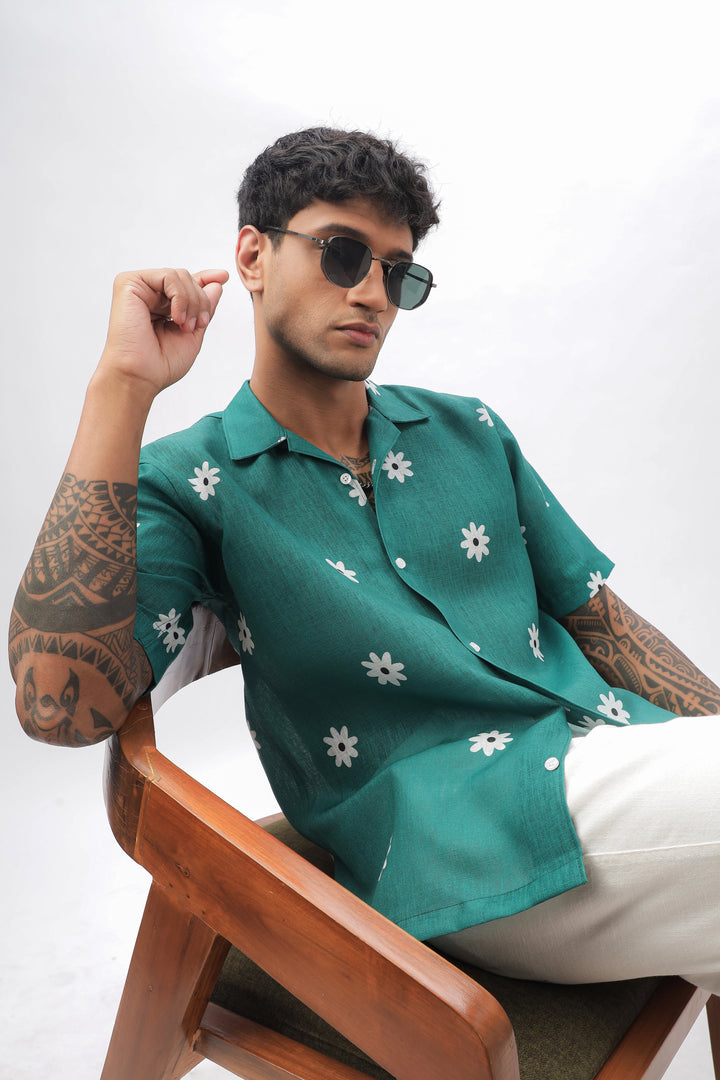 Green flower printed  linen shirt