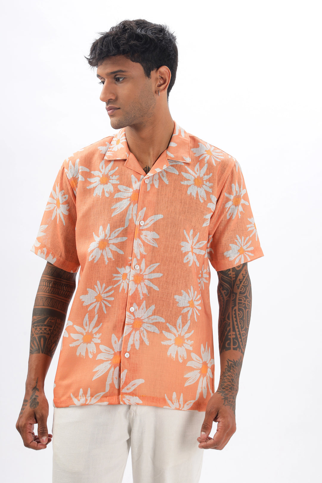 Orange flower printed linen shirt