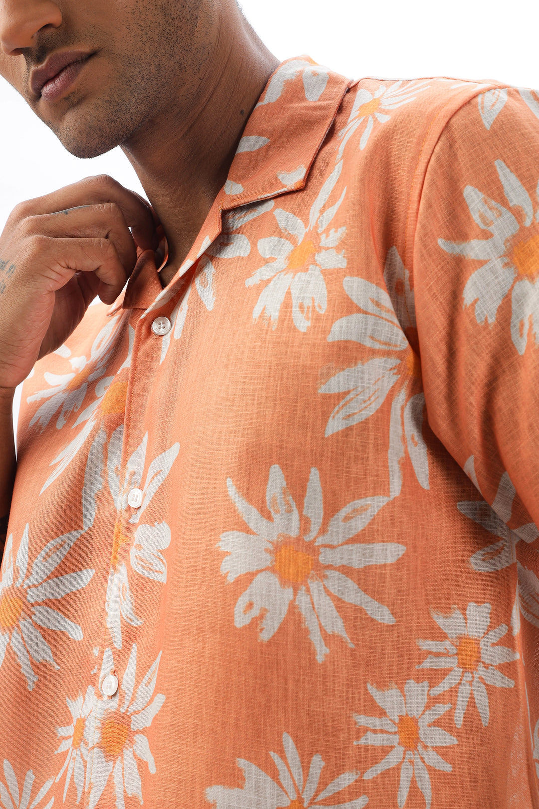 Orange flower printed linen shirt