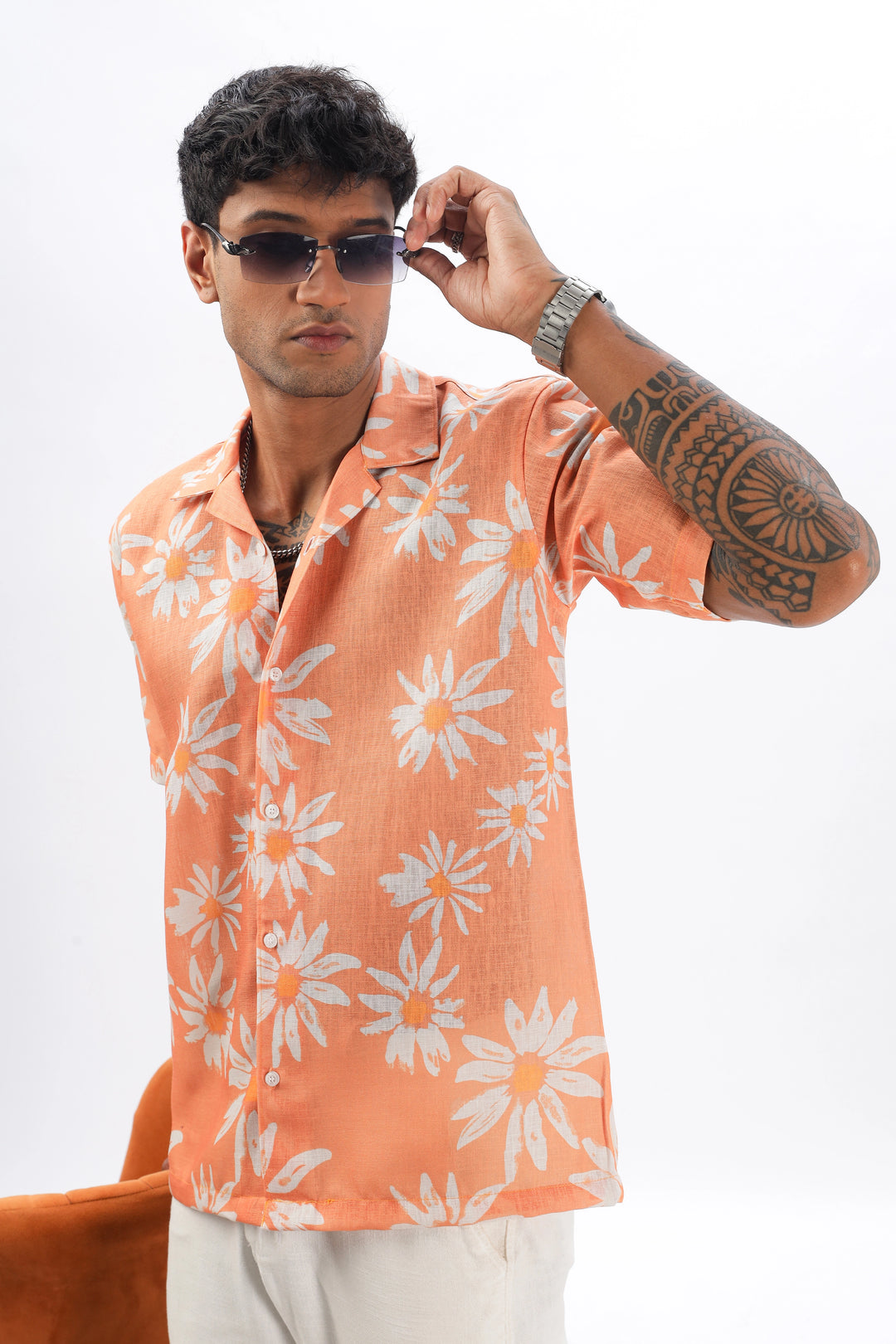 Orange flower printed linen shirt