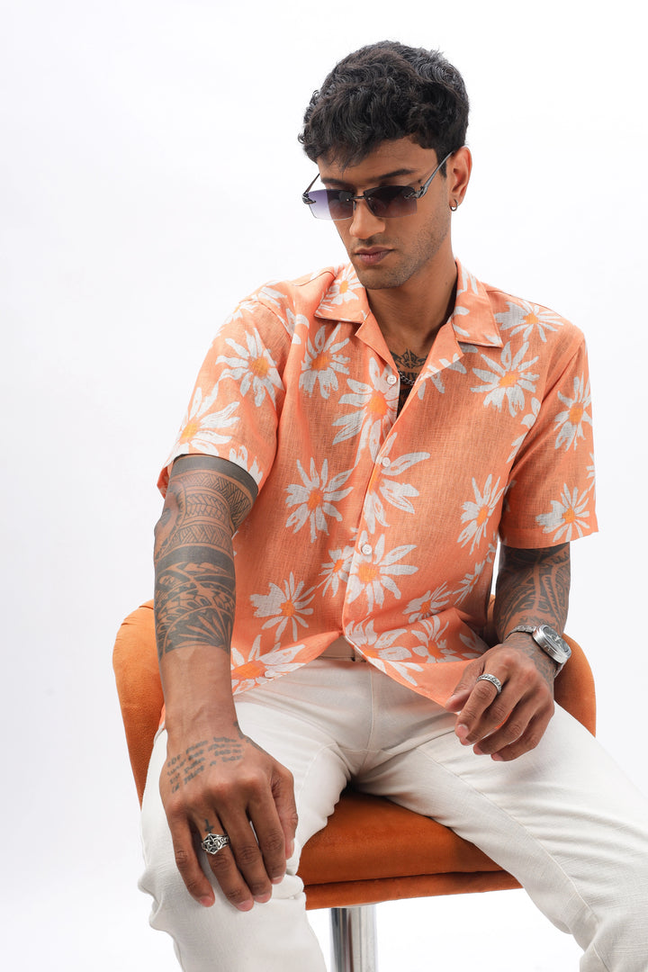 Orange flower printed linen shirt