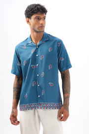 Blue paisley printed camp collar  shirt