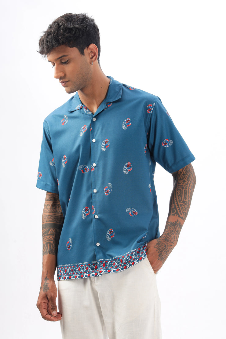 Blue paisley printed camp collar  shirt