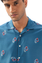 Blue paisley printed camp collar  shirt