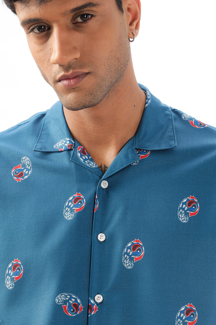 Blue paisley printed camp collar  shirt