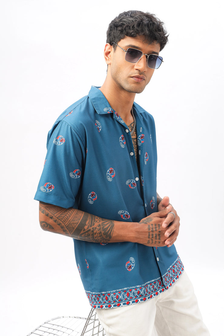 Blue paisley printed camp collar  shirt