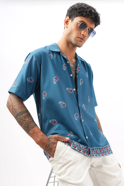 Blue paisley printed camp collar shirt