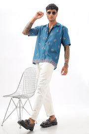 Blue paisley printed camp collar  shirt