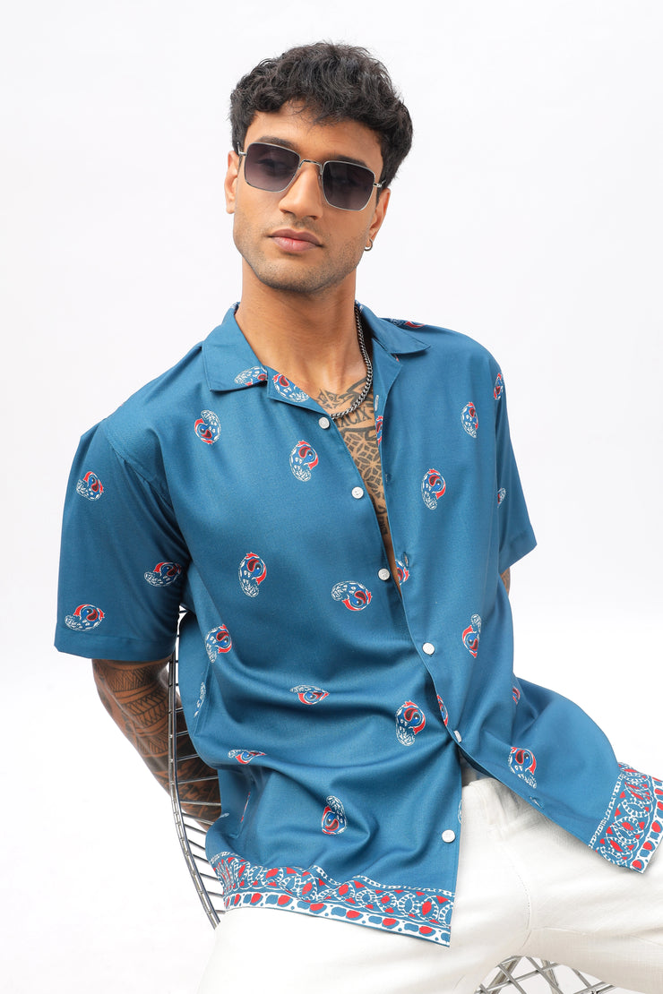 Blue paisley printed camp collar  shirt