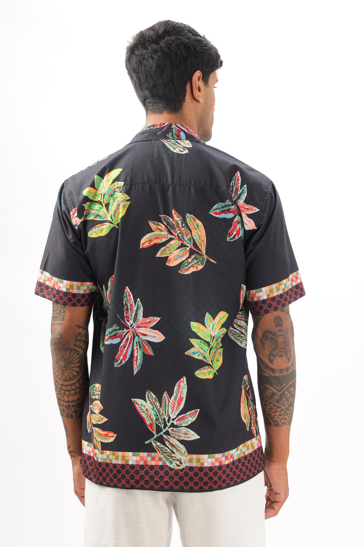 Black leaf printed camp collar shirt