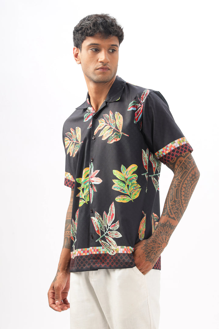 Black leaf printed camp collar shirt