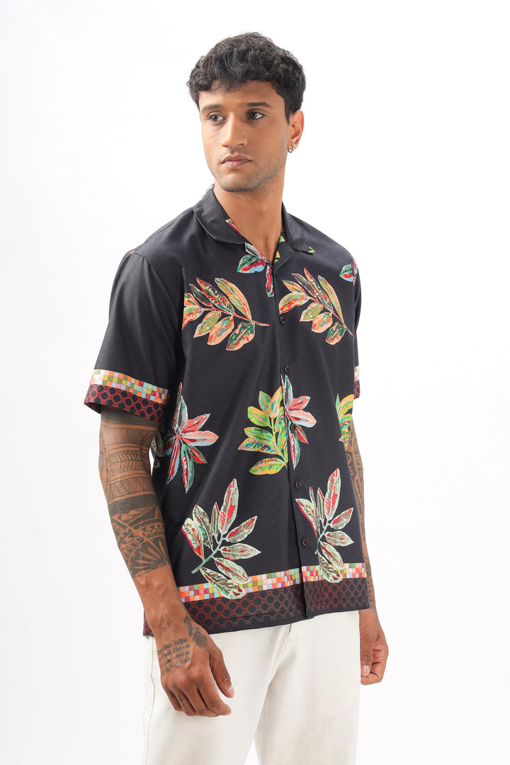 Black leaf printed camp collar shirt