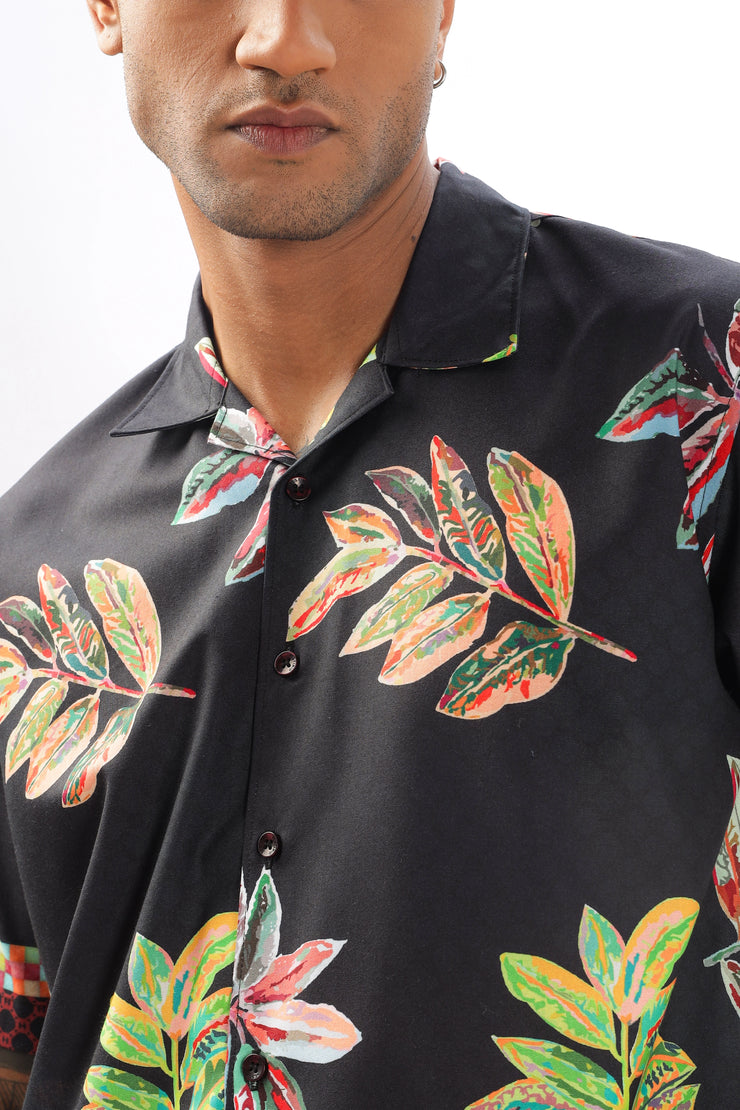 Black leaf printed camp collar shirt