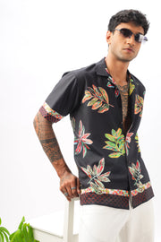 Black leaf printed camp collar shirt