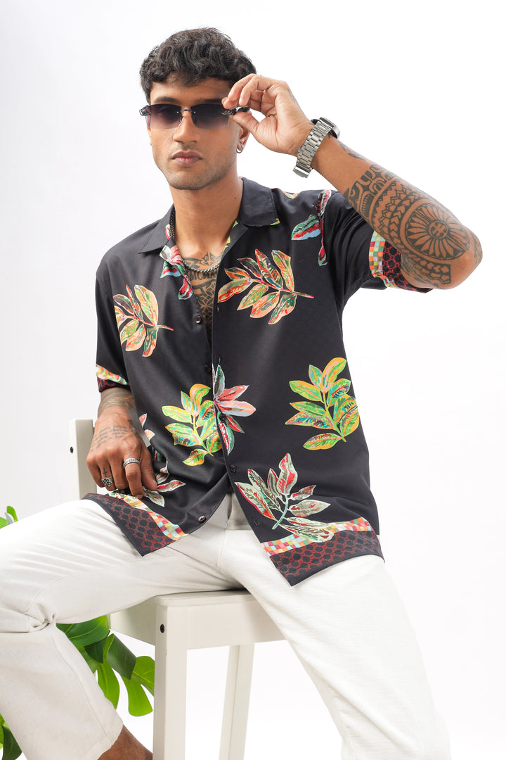 Black leaf printed camp collar shirt