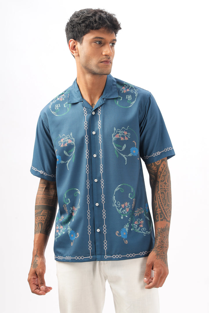 Blue paisley border printed camp collar shirt for men