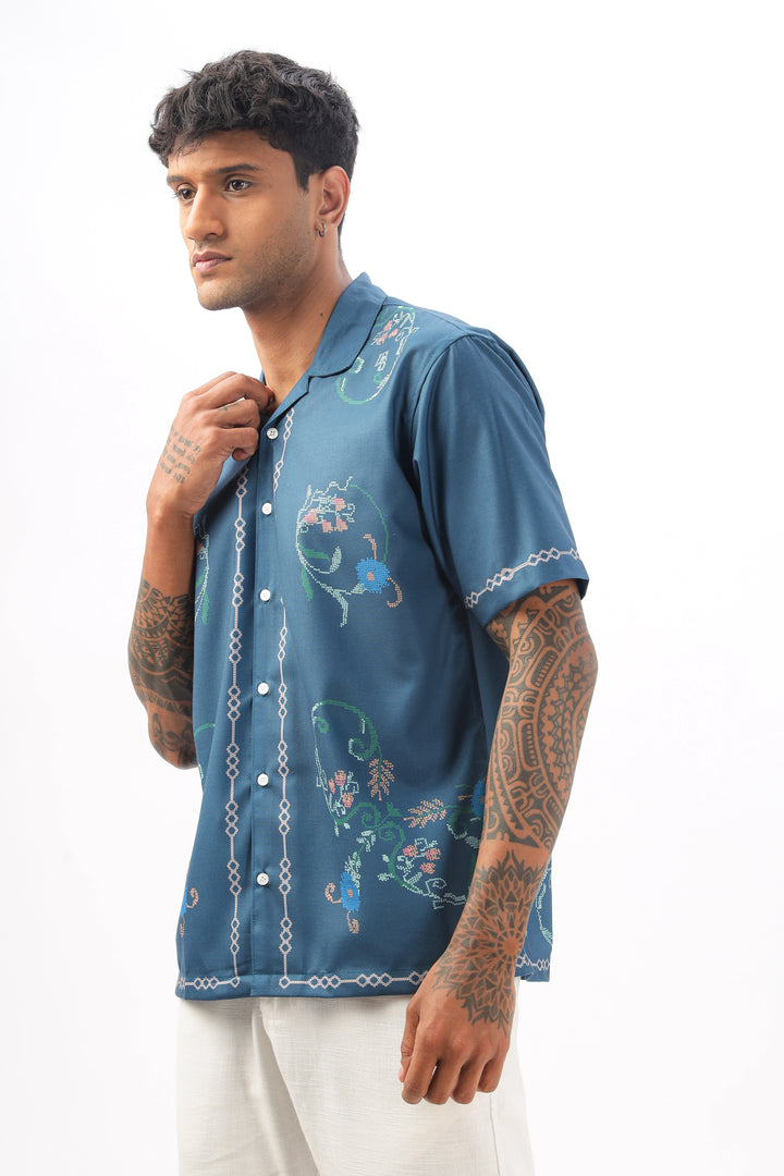 Blue paisley border printed camp collar shirt for men