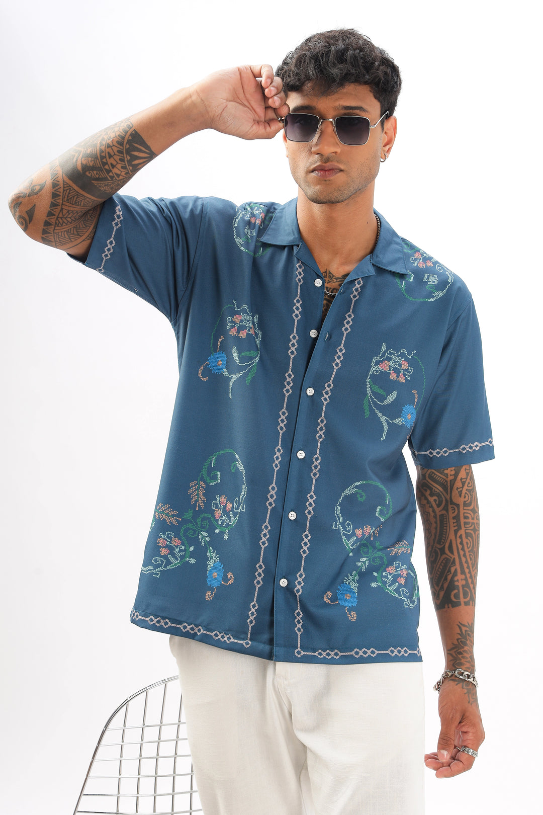 Blue paisley border printed camp collar shirt for men