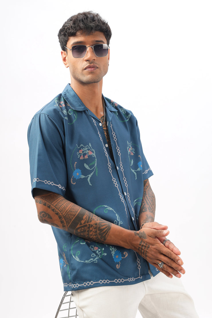 Blue paisley border printed camp collar shirt for men