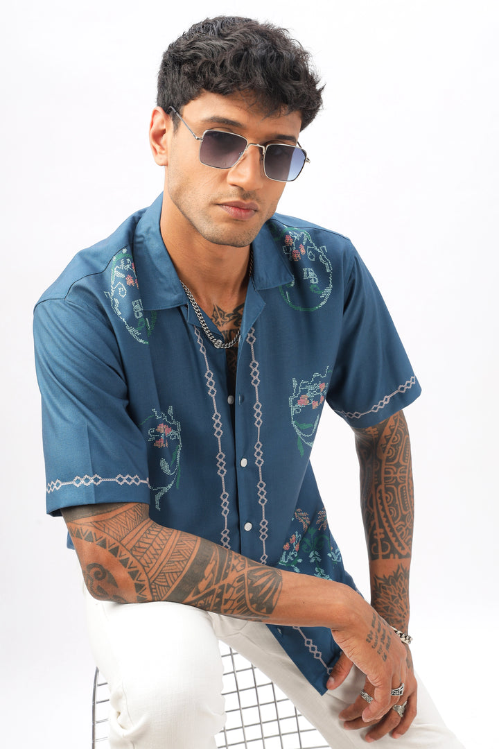 Blue paisley border printed camp collar shirt for men