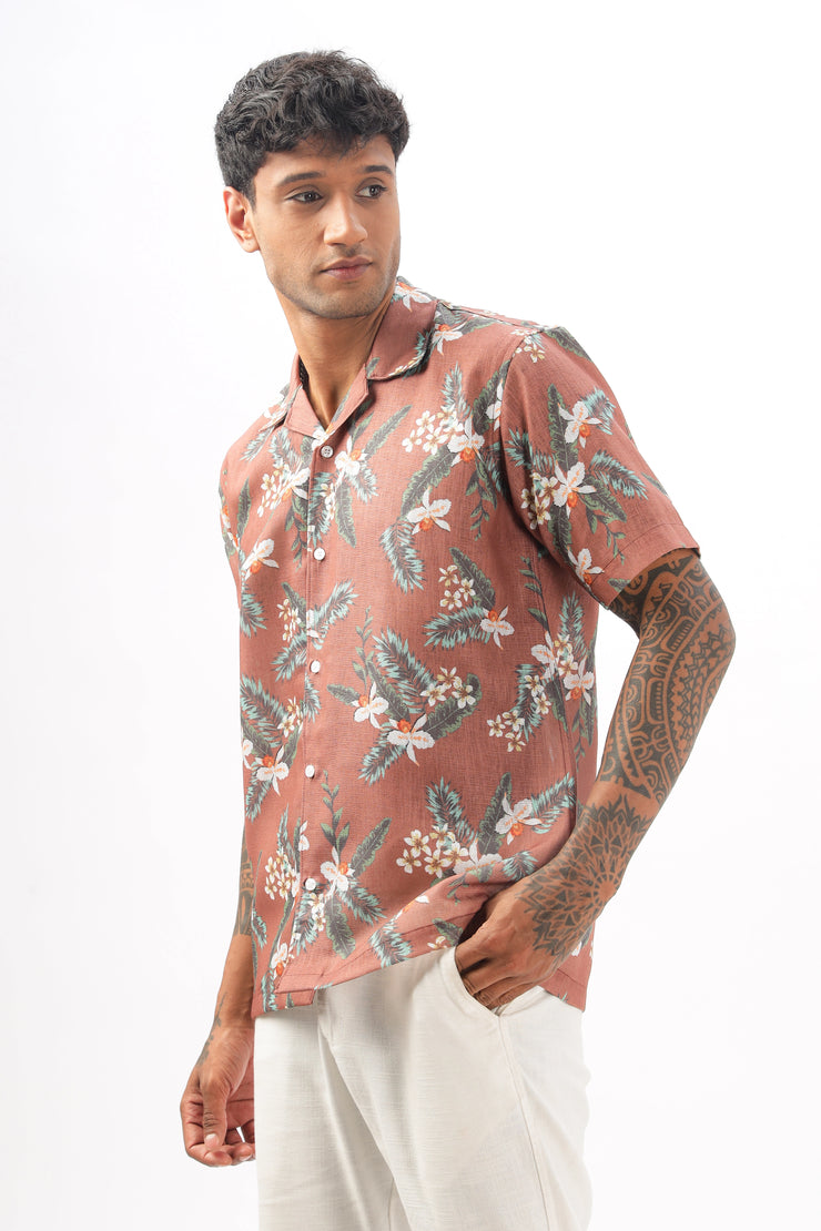 Brown floral printed linen shirt