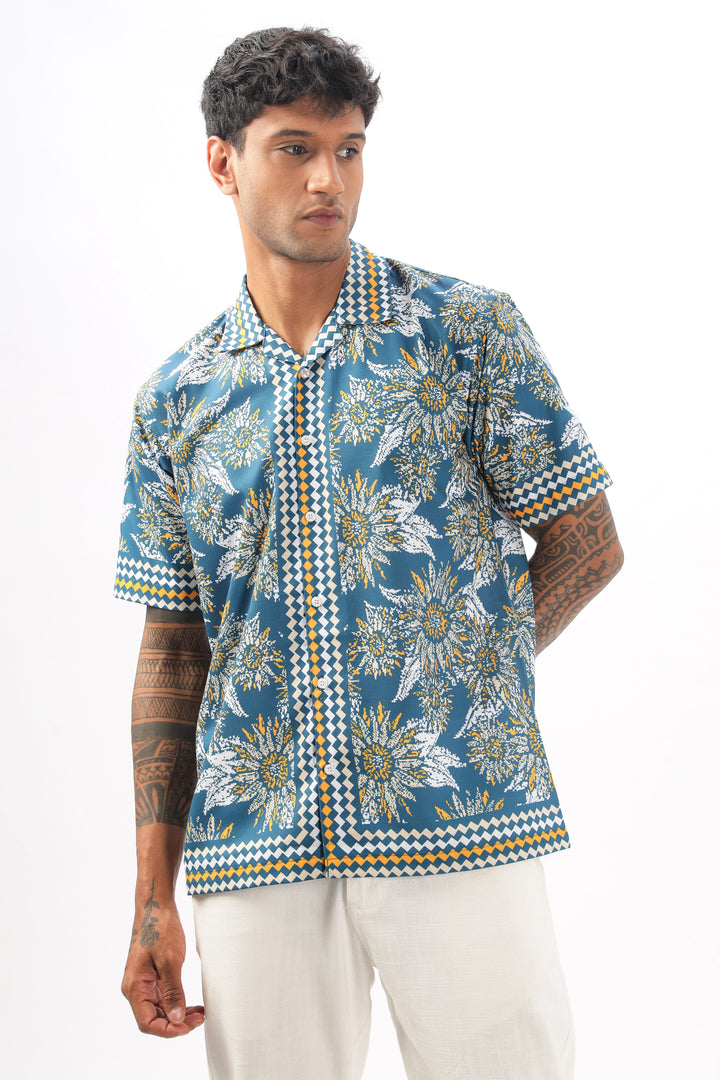 Blue sunflower printed camp collar shirt