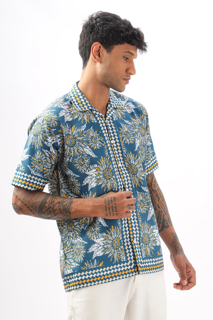 Blue sunflower printed camp collar  shirt