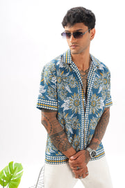 Blue sunflower printed camp collar  shirt