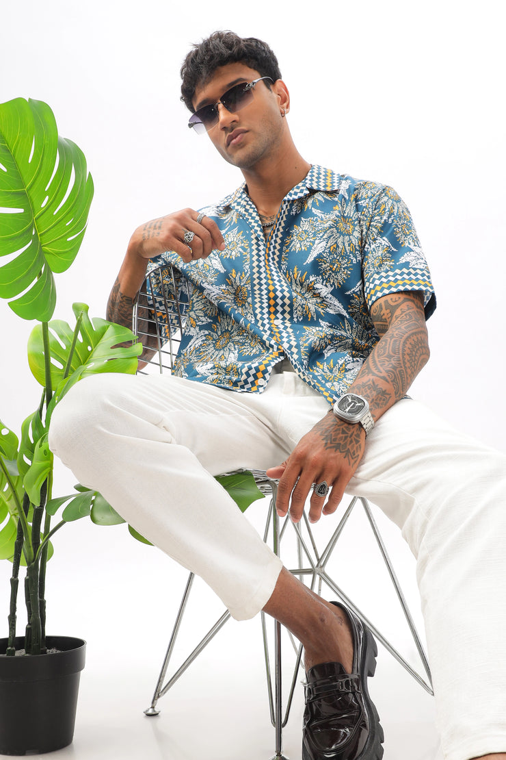 Blue sunflower printed camp collar  shirt