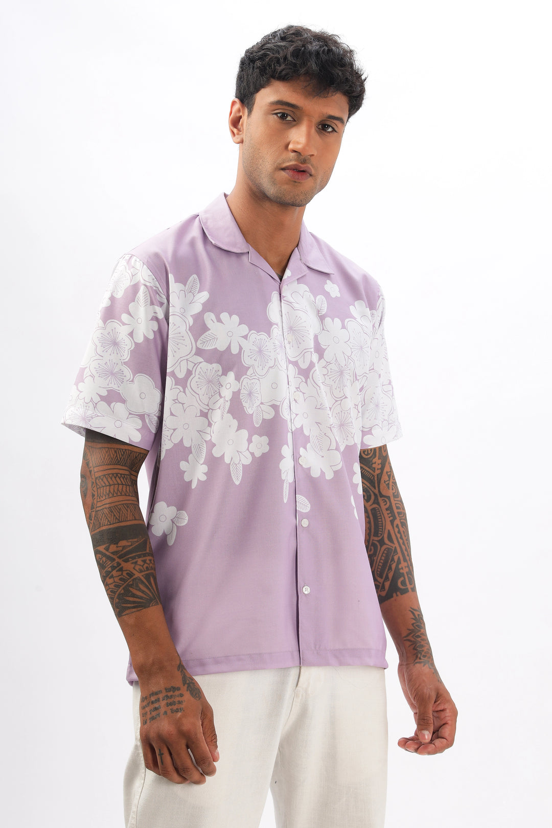 Lavender flower printed camp collar  shirt