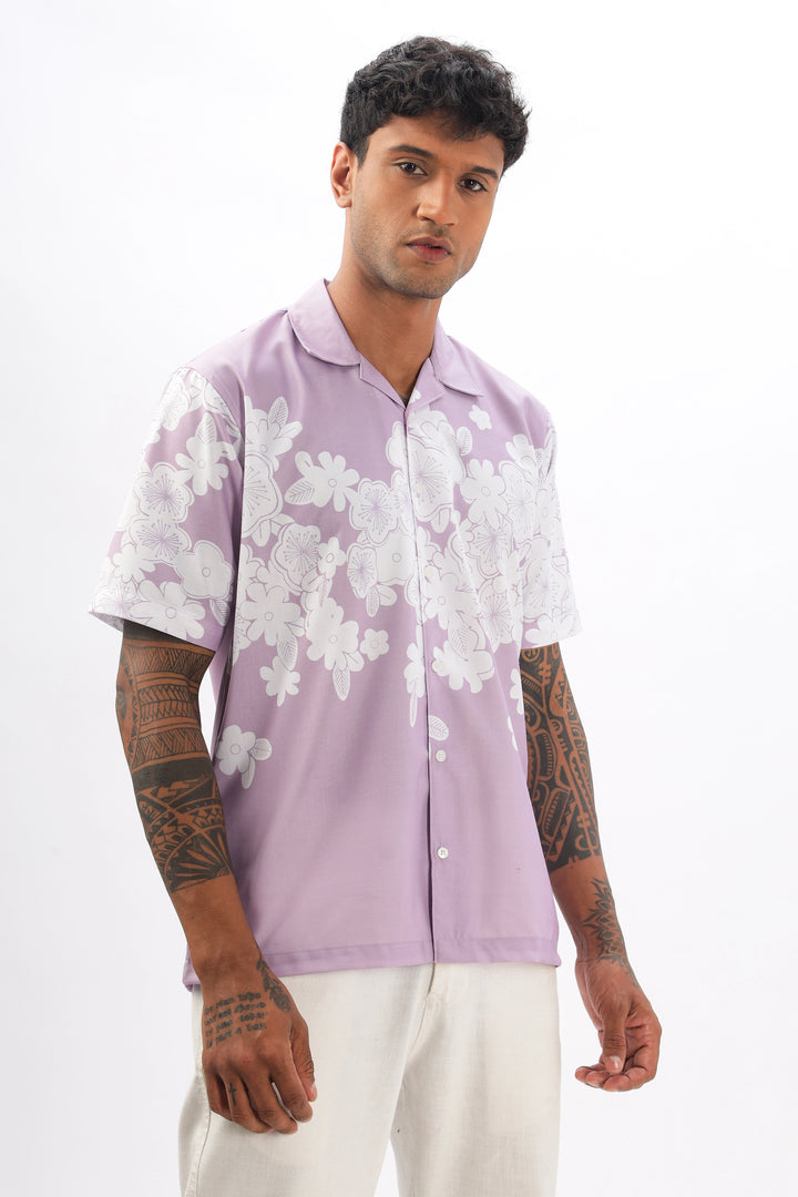 Lavender flower printed camp collar  shirt