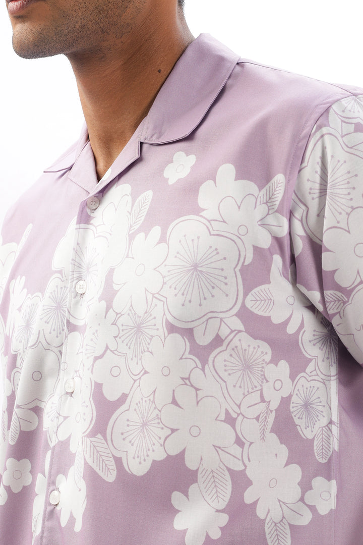 Lavender flower printed camp collar  shirt